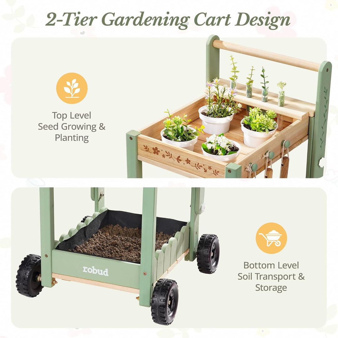 ROBUD Kinder Gartengeräte mit Holzwagen, Gartenwerkzeug mit Giesskanne, Schaufel, Handrechen, Pflanz