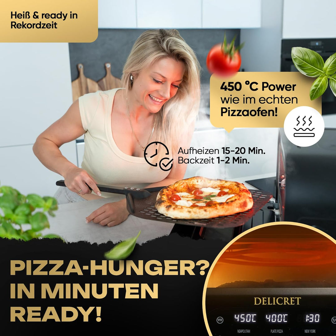 DELICRET elektrischer Pizzaofen 12" - bis zu 450℃ - 1700 Watt - Backraumtemperatur und Steintemperat