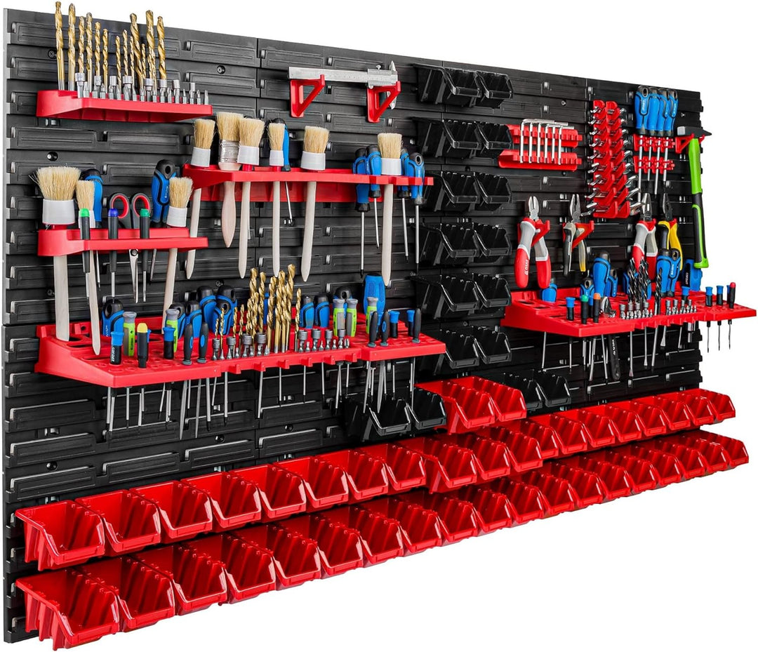Lagersystem Werkstattregal | 156 x 78 cm | 56 stck. Box | Wandregal mit Werkzeughalterungen und Stap