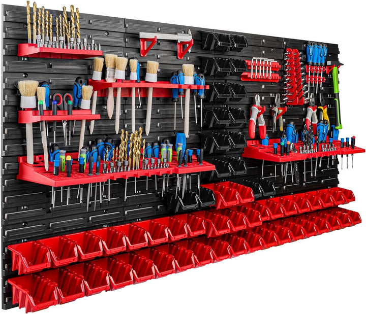 Lagersystem Werkstattregal | 156 x 78 cm | 56 stck. Box | Wandregal mit Werkzeughalterungen und Stap