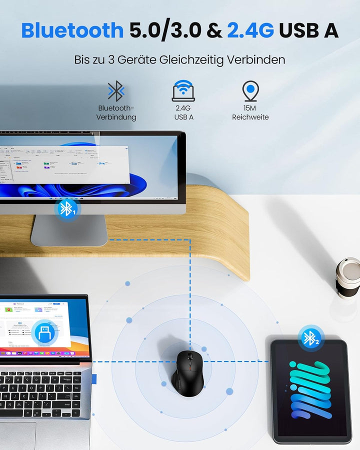 TECKNET Bluetooth Maus Wiederaufladbar, Maus Kabellos (Tri-Modi: BT5.0/3.0 + 2.4G) mit Ergonomische