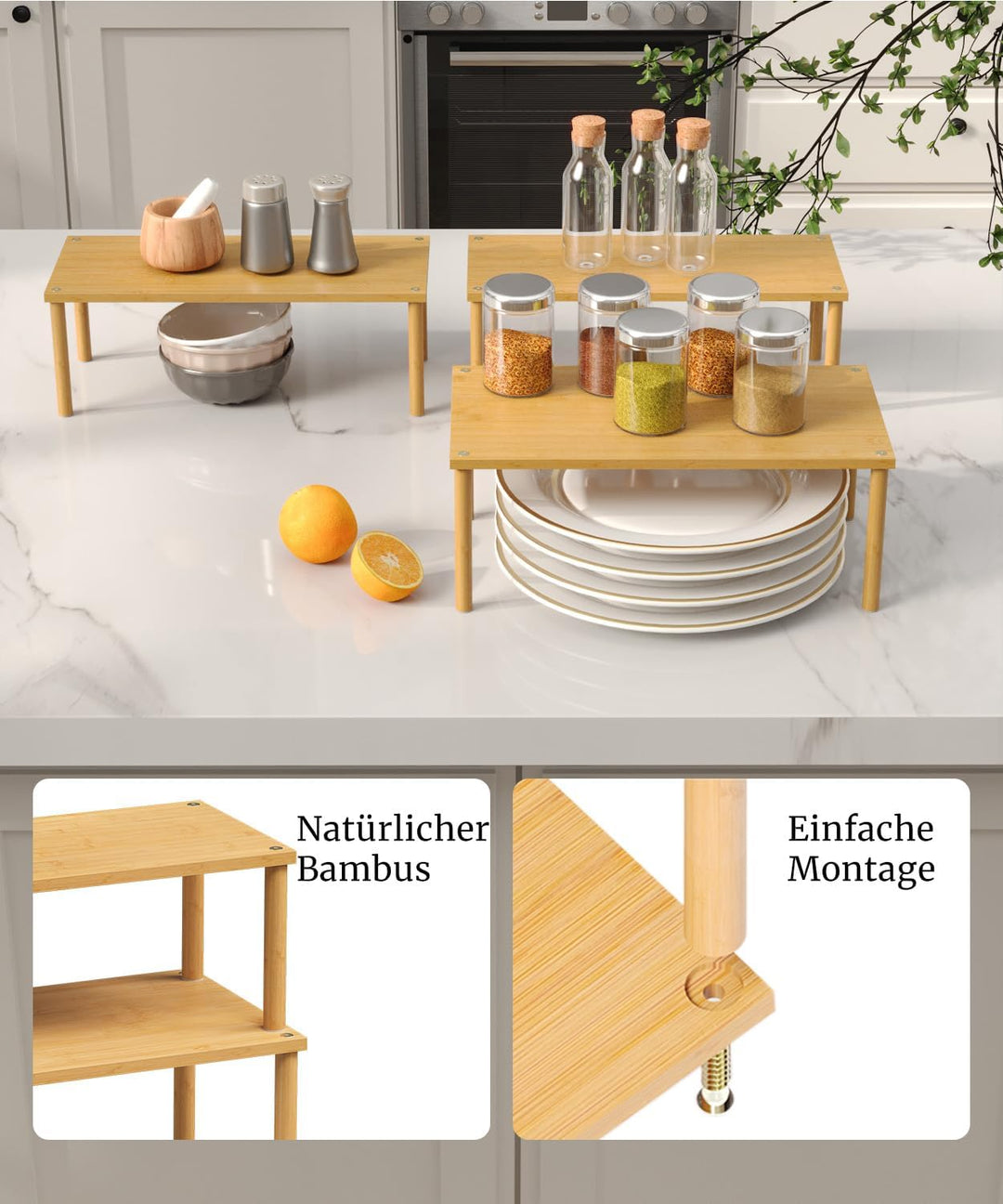 Fibogollo Bambus Schrank Organizer Ablage 3er Set, stapelbares Gewürzregal Gross Natur Braun Grossfo