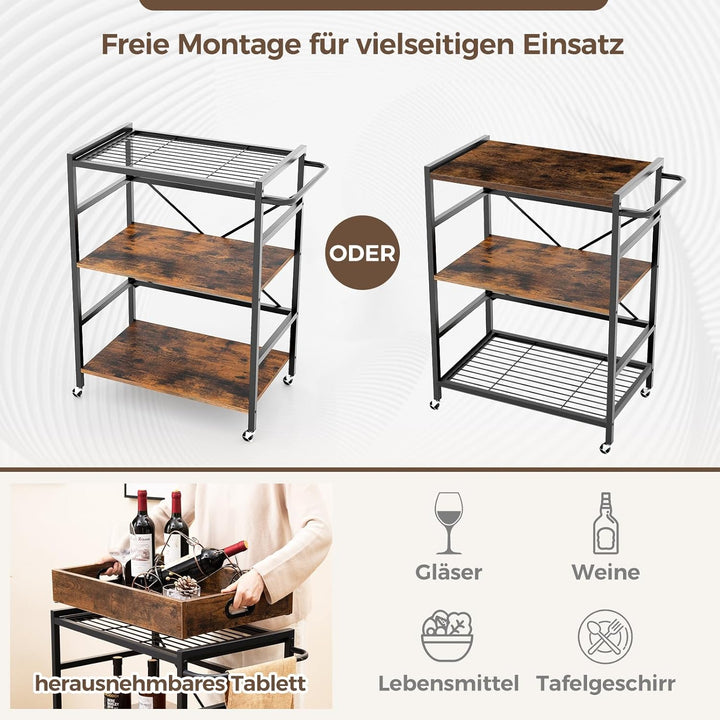 COSTWAY 3 stufiger Servierwagen, Küchenwagen mit abnehmbarem Tablett & Griff, bis 110 kg, 2 in 1 Küc
