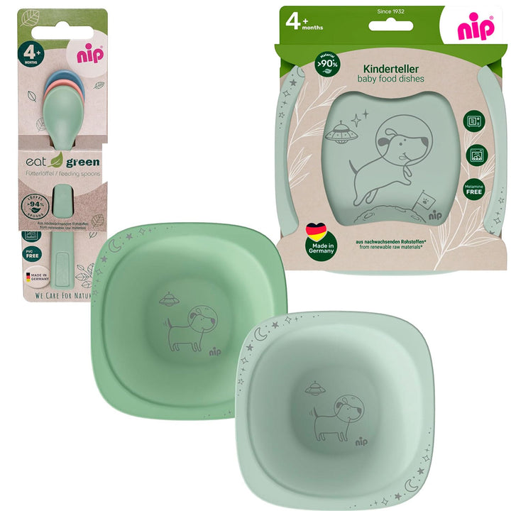 NIP Eat Green Geschirrset ab 4. Monat, 2 Teller, 2 Breischale, 3 Eat Green öko bio Babylöffel,Spülma