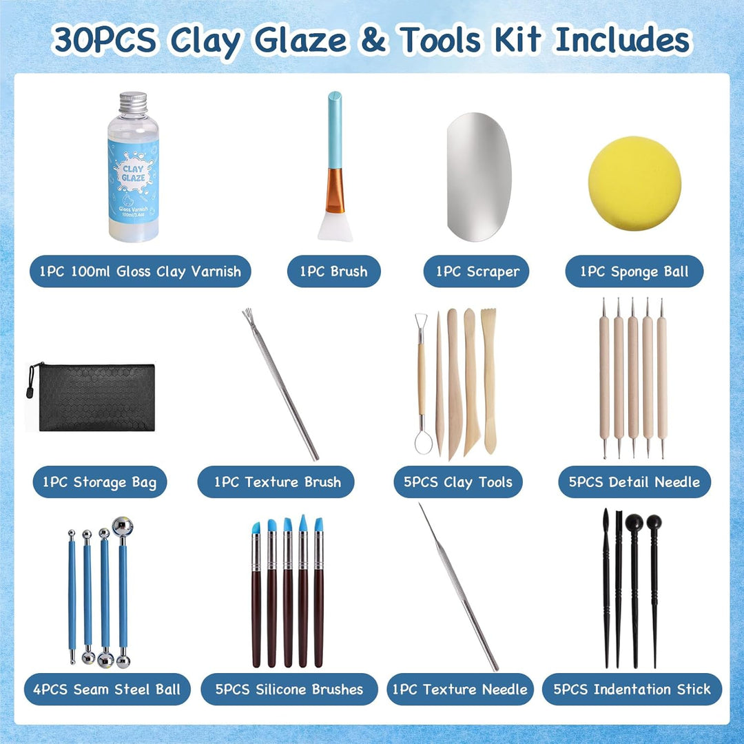 Glasur für Ton Lufttrocknend, 100ml Air Dry Clay Glaze mit 29 PCS Modellierwerkzeug Set, Clay Varnis