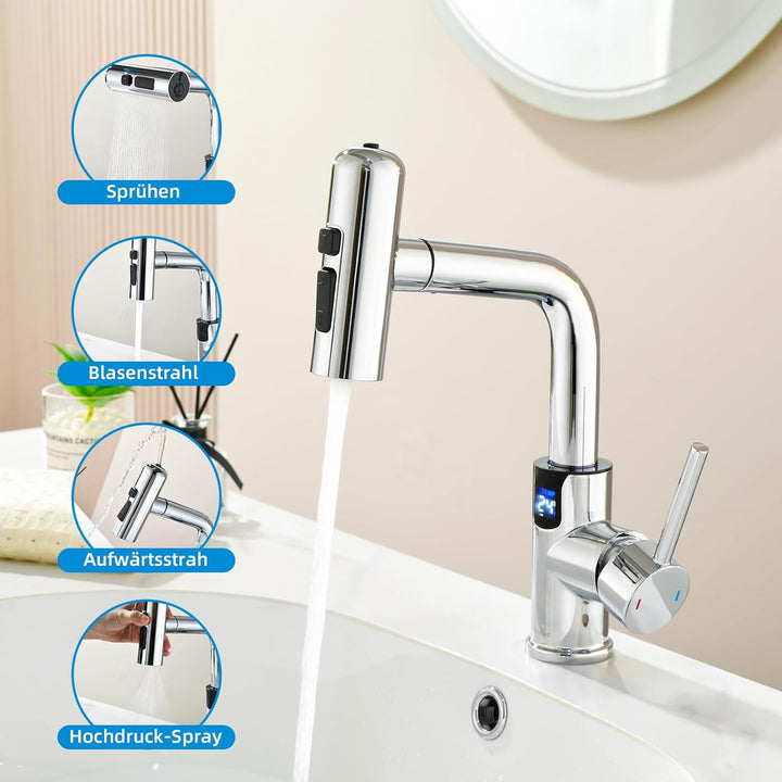 Wasserhahn Bad Mynaiad mit LED-Temperaturanzeige Badarmatur, Brause Ausziehbar, Badarmatur 360° Schw