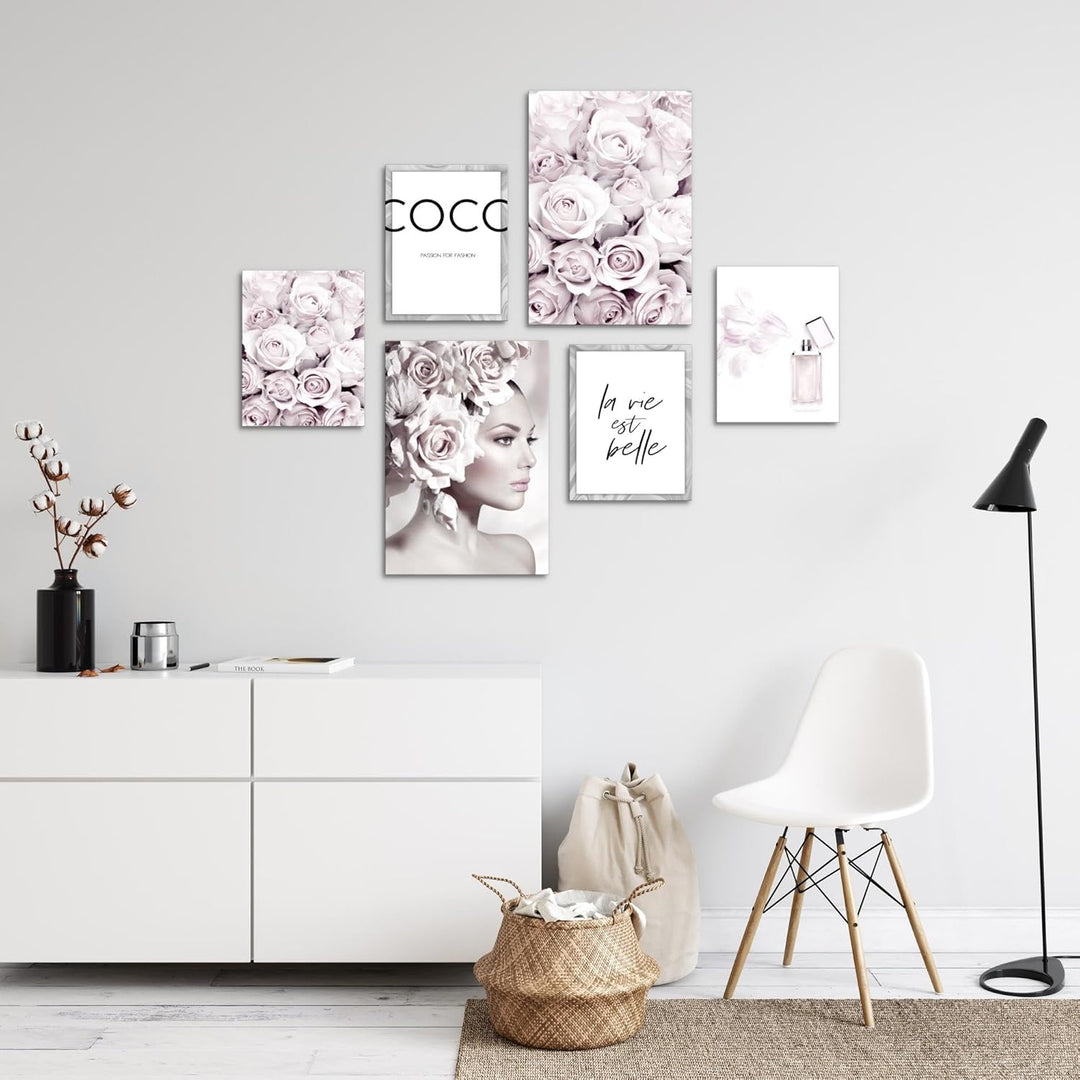 Novart Wandbilder Set Coco Fashion Grau Rosa - KEIN EXTRA RAHMEN BENÖTIGT - Modern Deko - Wohnzimmer