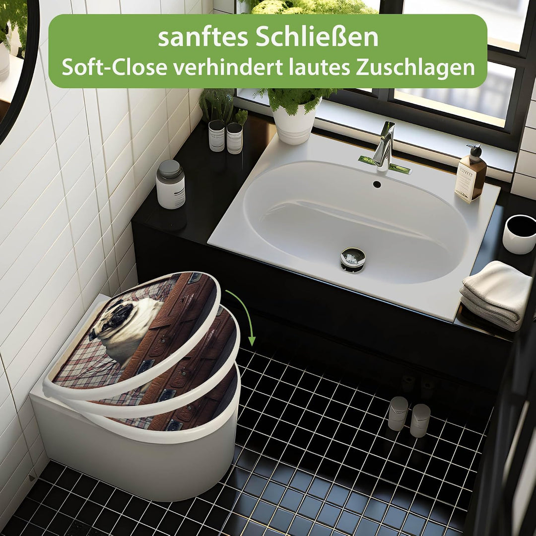 banjado® Toilettendeckel mit Absenkautomatik 44x37cm mit Motiv Mops im Koffer - WC Brille Soft Close