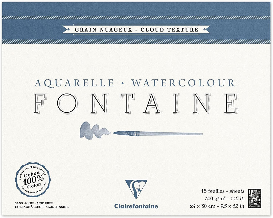 Clairefontaine 96421C Malblock, 4-seitig verleimt Aquarellpapier Torchon Wolke, Fontaine/Hadern, 24