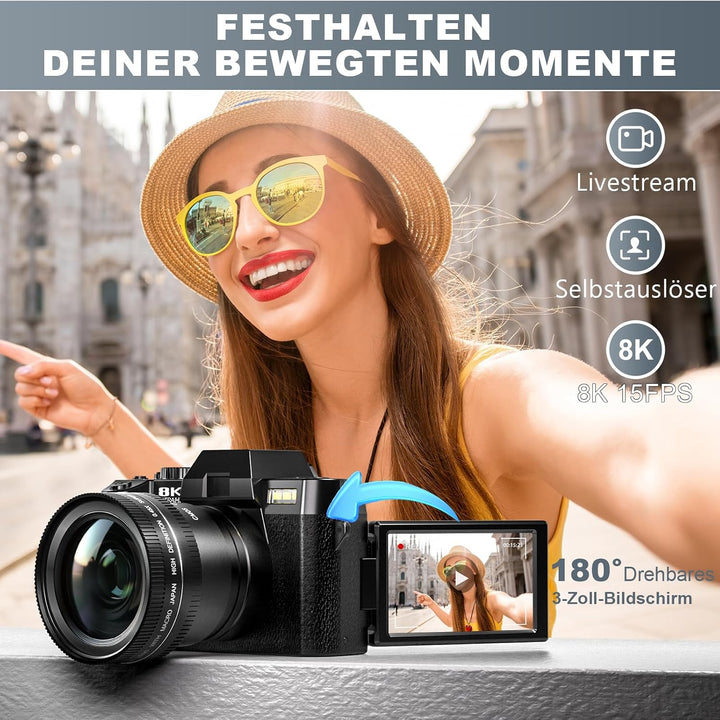 8K &amp; 64 MP Digitalkamera für Foto &amp; Video – 16-facher Zoom, WLAN, 180° Flip-Display, Autofokus, Bild