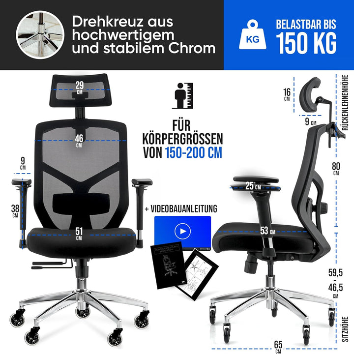 ELITESEATS Bürostuhl Ergonomisch [Silent Wheels] - Schreibtischstuhl [4D Armlehnen] - Office Chair [
