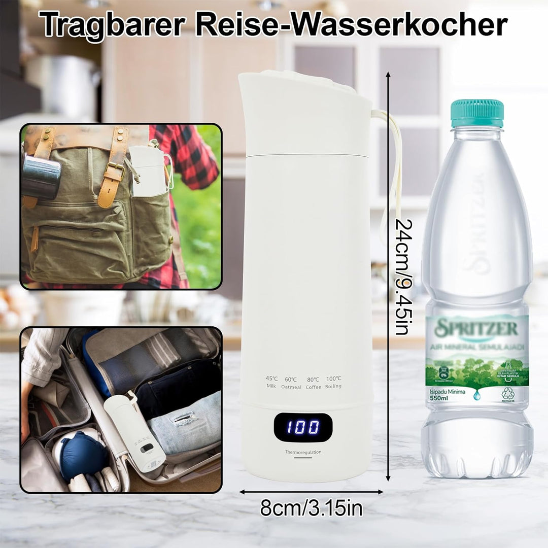 Elektrischer Reisewasserkocher Klein aus 304 Edelstahl, Tragbarer Wasserkocher für unterwegs mit Tem
