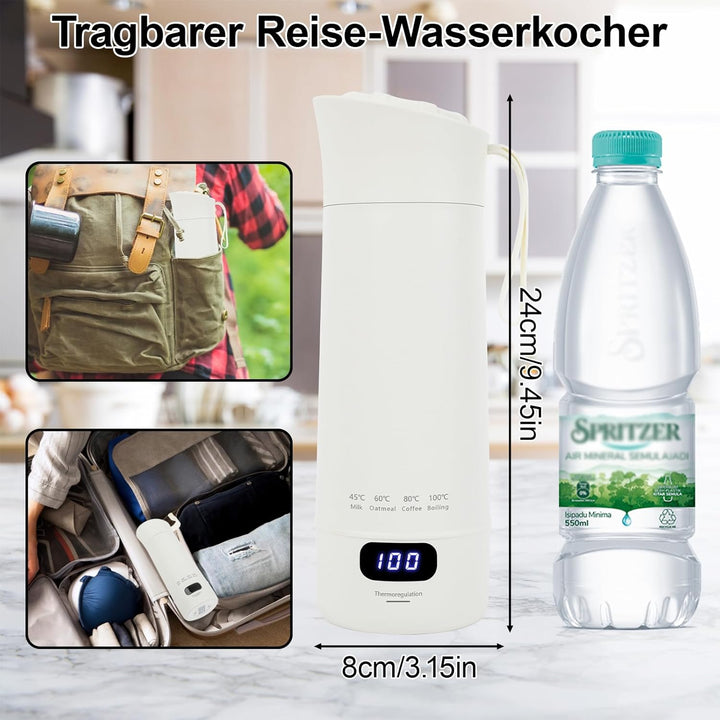 Elektrischer Reisewasserkocher Klein aus 304 Edelstahl, Tragbarer Wasserkocher für unterwegs mit Tem