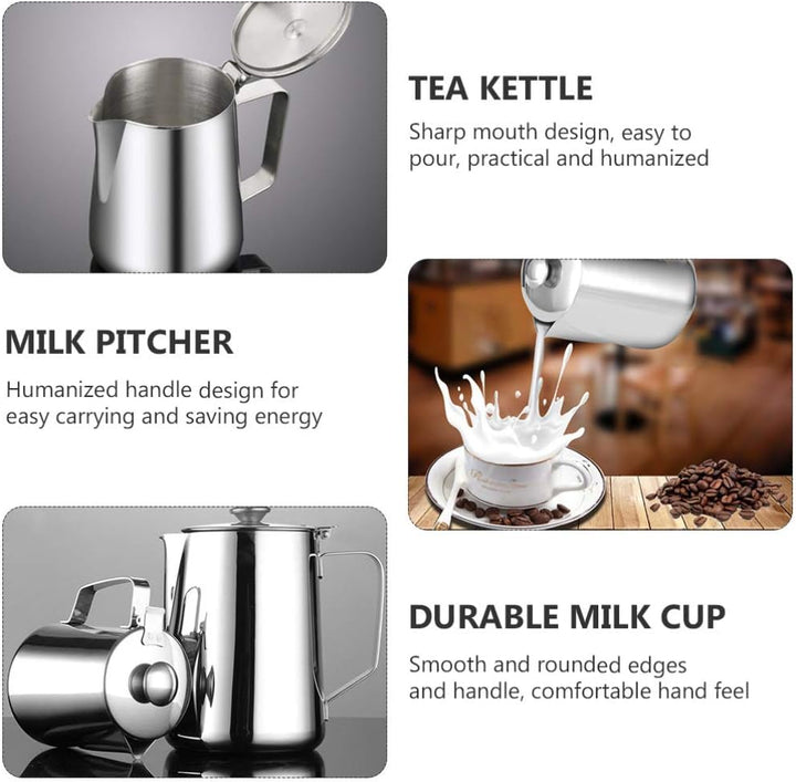 BESTonZON Milchkännchen Edelstahl Sahnekännchen mit Deckel 350 ML Aufschäumen Milch Kaffee Mokka Cap