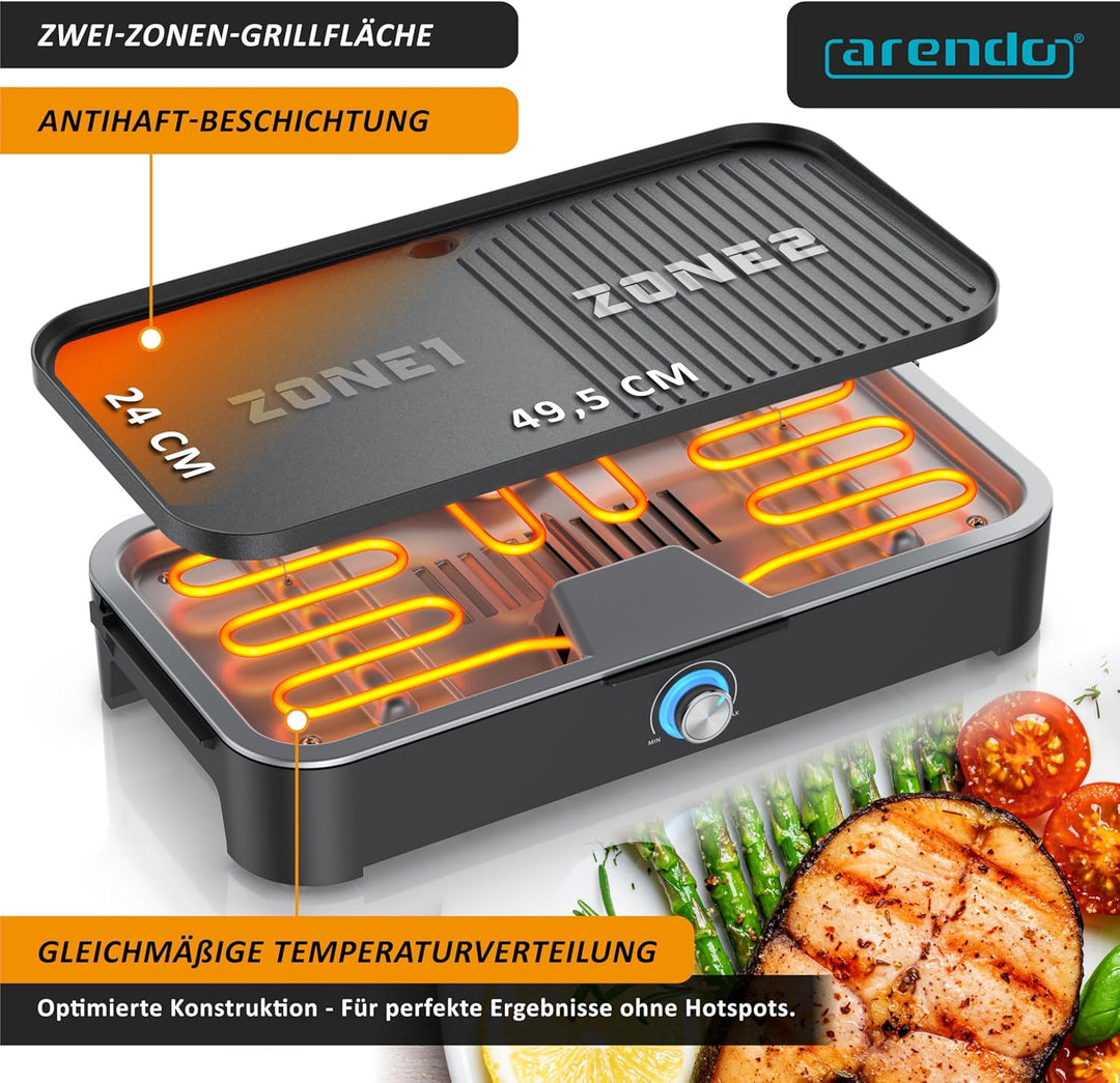 Arendo - Tischgrill Elektrogrill Edelstahl – 2200W Leistung – Gleichmässige Temperaturverteilung – G