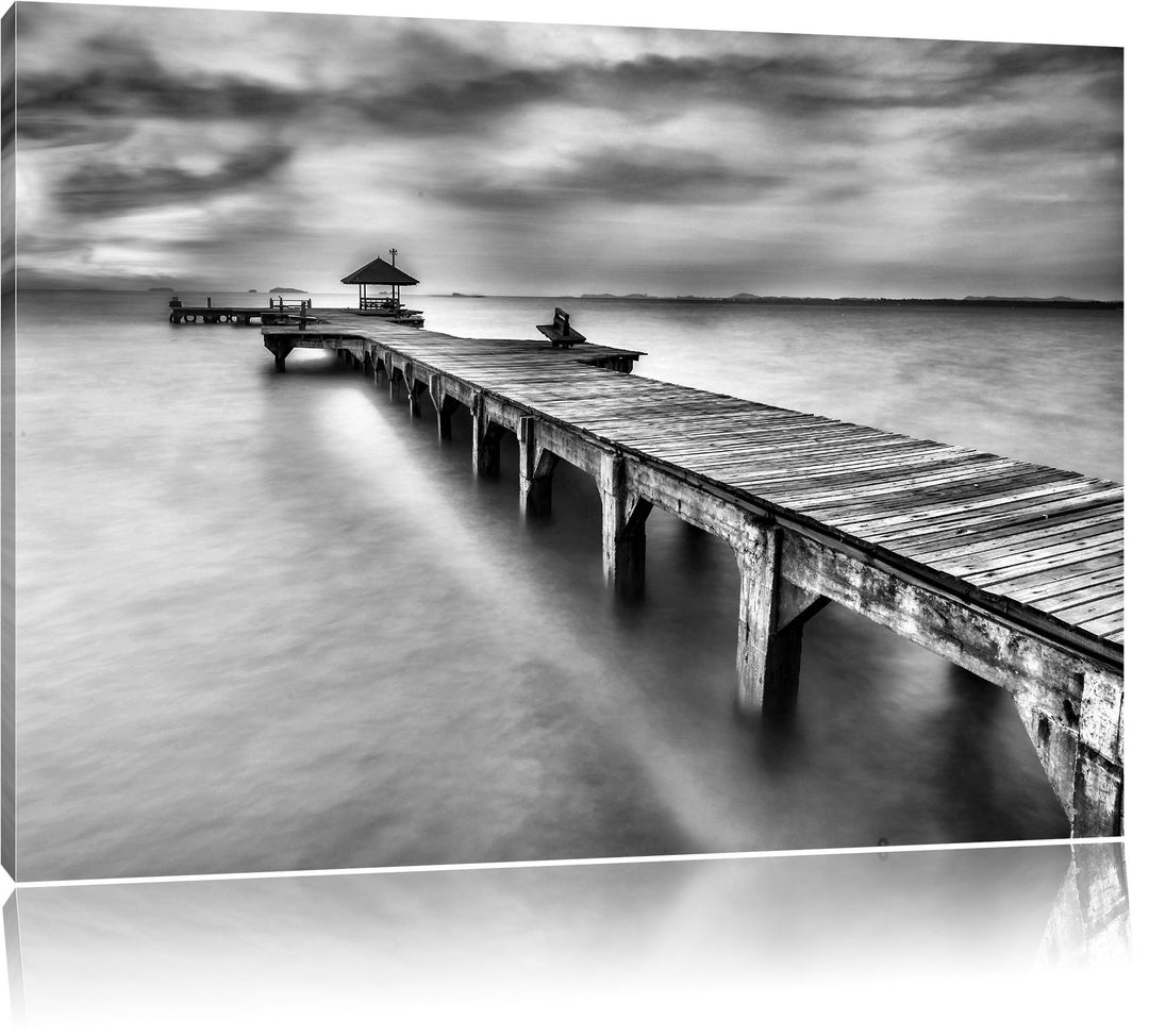 Pixxprint Monocrome, Riesiger Steg mit kleinem Pavillon, Format: 100x70 auf Leinwand, 100x70