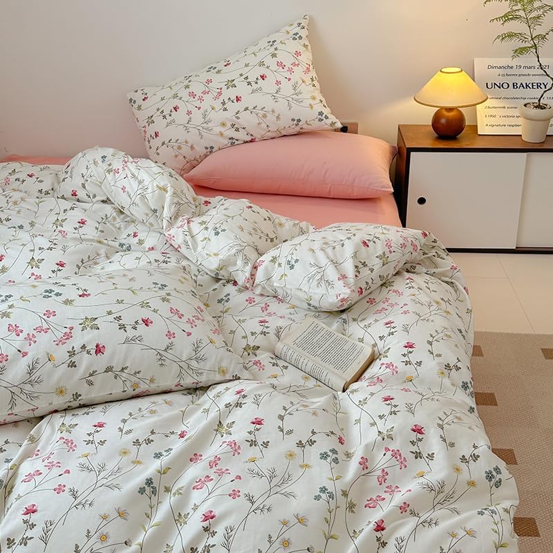 Freyamy Blumen Bettwäsche 135x200cm 2teilig Baumwolle Beige Rosa Bunt Floral Blätter Pflanzen Wende