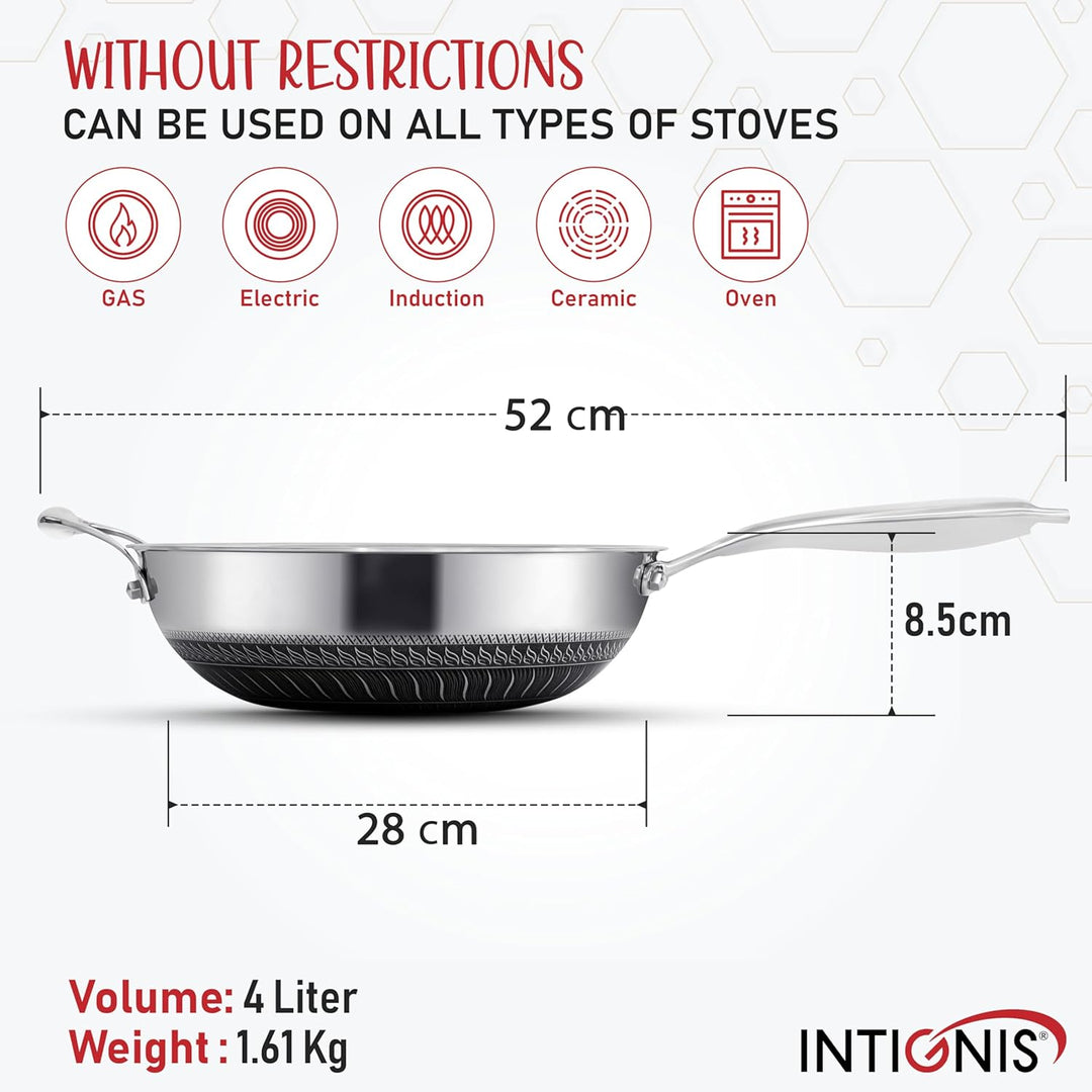 INTIGNIS Edelstahl Wokpfanne mit Deckel 4L, 28 cm – Honeycomb Hybrid Oberfläche, Induktion & Ofenfes
