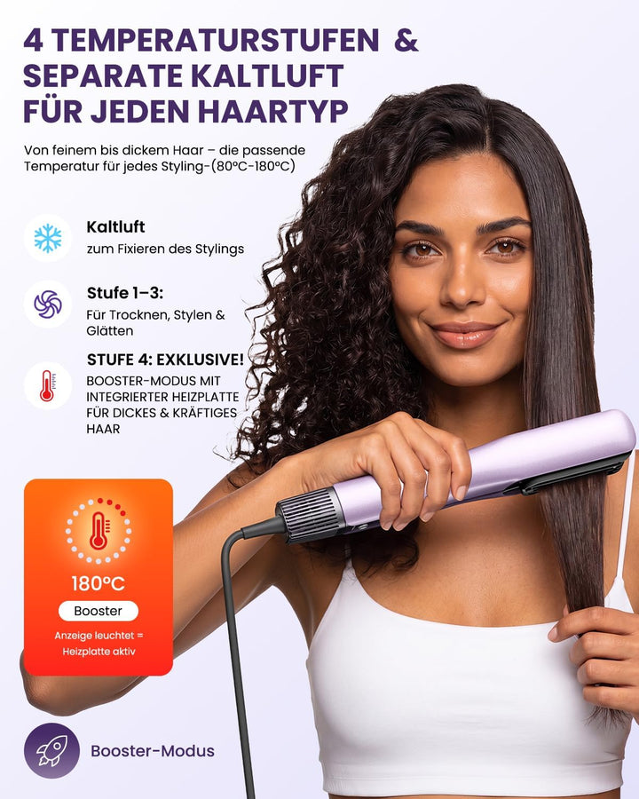 HITTIONA Air Haarglätter Föhn 3 in 1 - Nass-zu-Trocken Glätteisen mit Föhndüse &amp; Volumenbürste, Troc