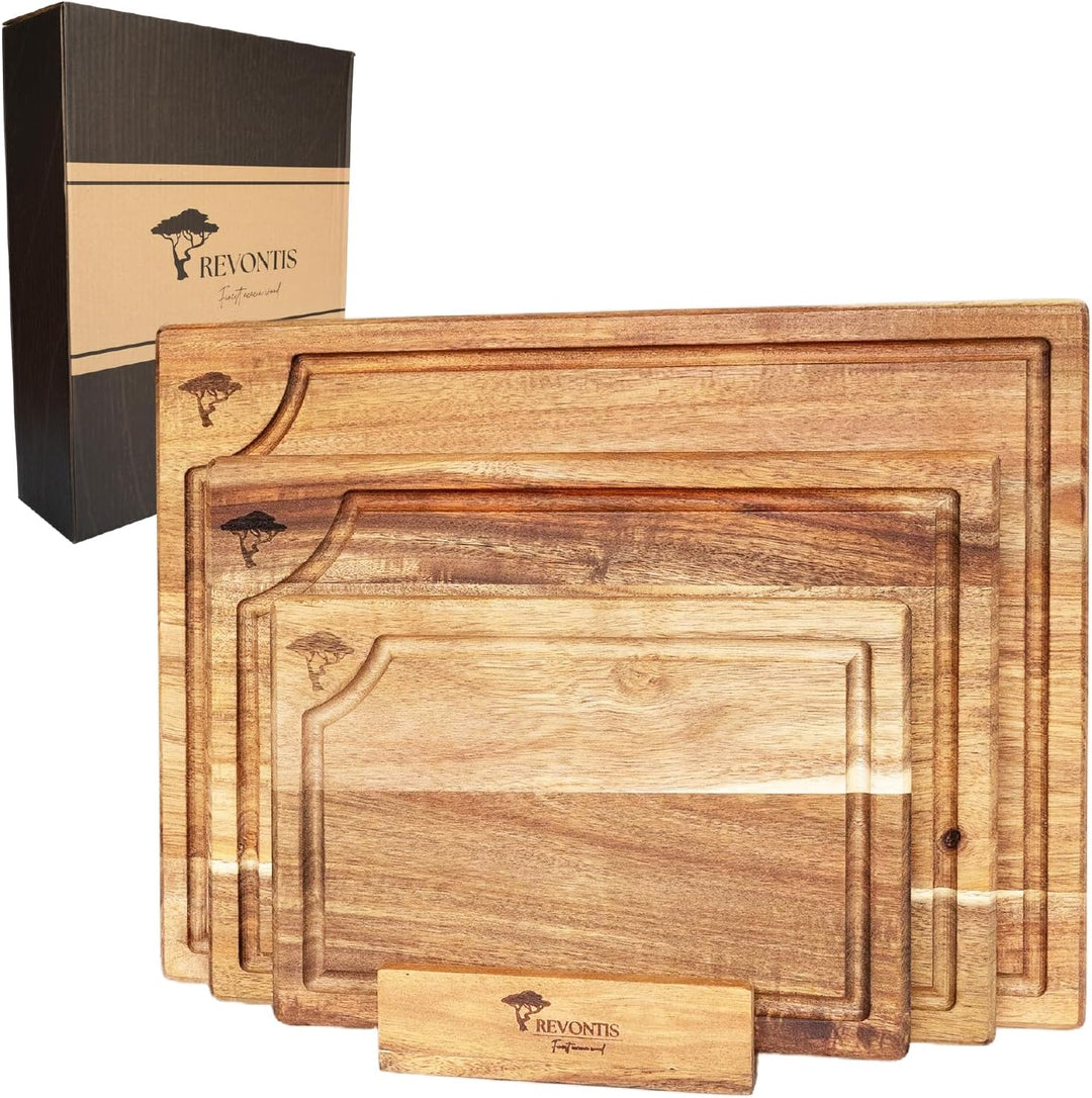 REVONTIS Schneidebrett Set aus Akazienholz – 3 Grössen (40×30, 33×24, 26×18 cm) mit Halter & Saftril