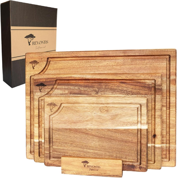 REVONTIS Schneidebrett Set aus Akazienholz – 3 Grössen (40×30, 33×24, 26×18 cm) mit Halter & Saftril