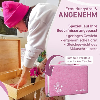 Extol Lady Akkubohrschrauber, Pink, 12V Li-Ion, 1300mAh, mit Transporttasche inkl. Zubehör von 6 Bit