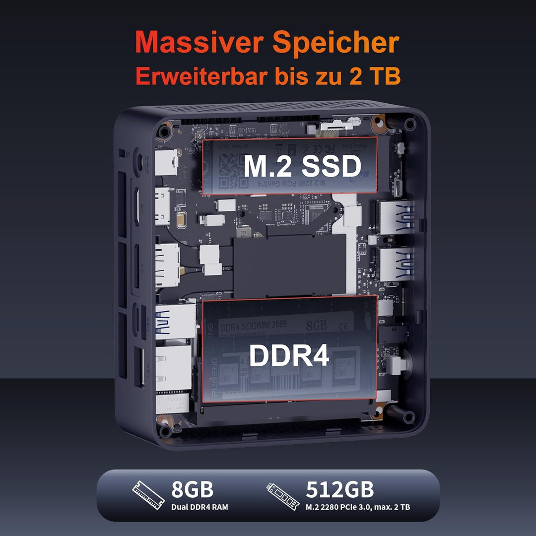 AWOW Mini PC AMD Ryzen Embedded R2514 (4 Kerne, bis 3,7 GHz), 8GB DDR4, 512GB PCIe 3.0 SSD, Radeon G