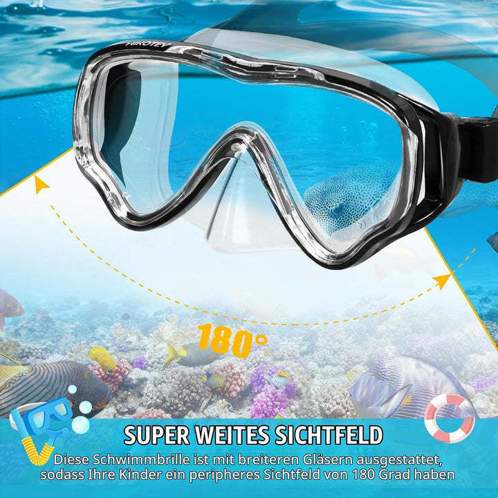 Schnorchelset Kinder, HIKOTEY Trocken Schnorchelset Kinder Anti-Fog Panorama, Anti-Leck Tauchmaske D