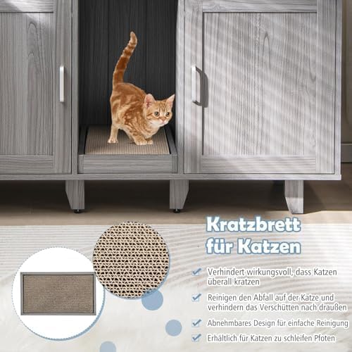 FANTASK Katzenschrank mit 2 Türen & Kratzbrett & Eingang, Katzenmöbel Beistelltisch für 2 Katzen, 12