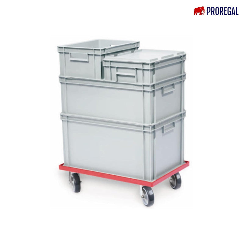 Transportroller für Euroboxen 60x40cm mit Kunststoffräder rot | Gitter/Rasterdeck | 2 Lenkrollen & 2