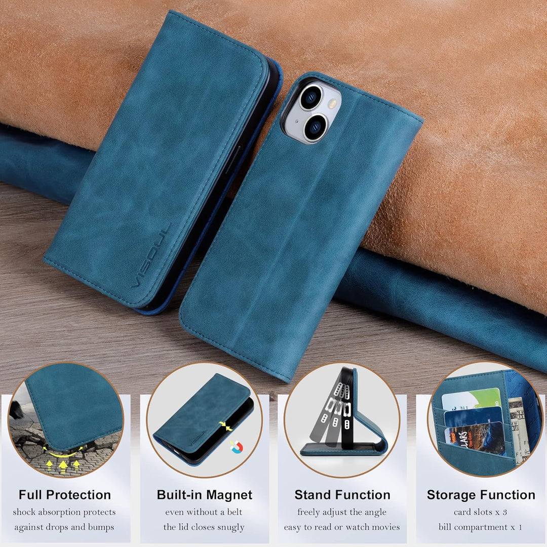 VISOUL Hülle für iPhone 14, Schutzhülle [Erstklassiges Rindsleder] [Schützt vor Stoss] [Kartenfach]
