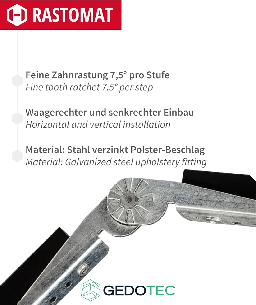 Gedotec Rasthochstell-Beschlag Polster-Gelenk C25 Rastomat 90° | Arm-Lehnenversteller 11-fach verste