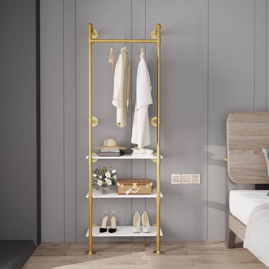 unho Kleiderstange zur Wandmontage, Wandgarderobe mit 3 verstellbare Ablagen im Industrierohrstil, W