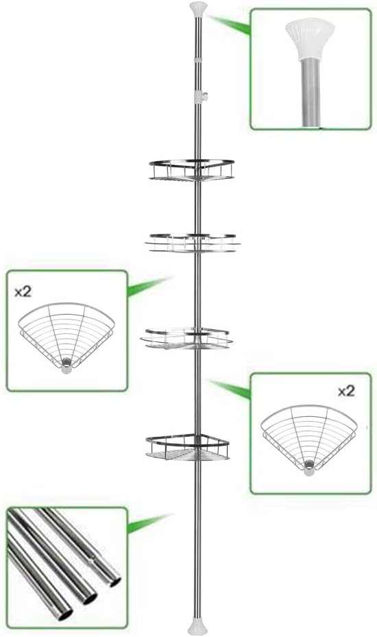 Teleskop Duschregal,4 Ablagen Badregal Edelstahl Eckregal Höhenverstellbar 110-280cm (Edelstahl/4 Ab