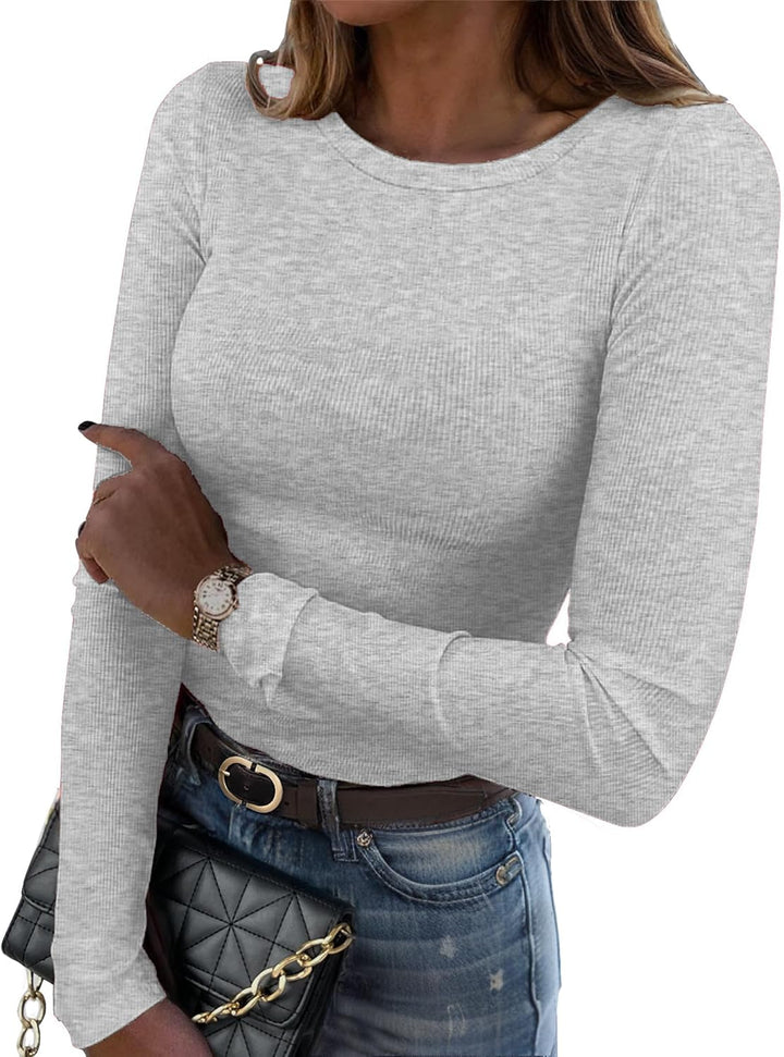 DUOEASE Langarmshirt Damen Rundhal Pullover Elegant Langarm Oberteile Rippshirt Tshirts Basic Tops B