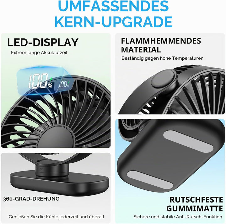 Schreibtischventilator, USB, 4 Geschwindigkeitsstufen, super leise, LED-Anzeige, 5000 mAh, Akku, Sch