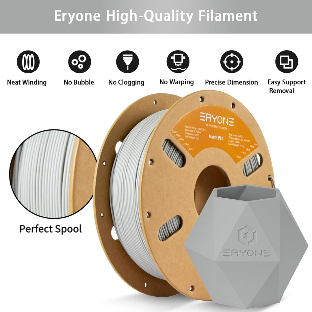 ERYONE Matte PLA 3D Drucker Filament 1.75mm, Massgenauigkeit +/- 0.03 mm, 1 kg 1 Spule, Matte Grau,