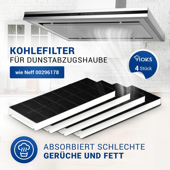 VIOKS Aktivkohlefilter Dunstabzug Filter SET 4x / Kohlefilter 430x175mm Ersatz für Neff Dunstabzugsh