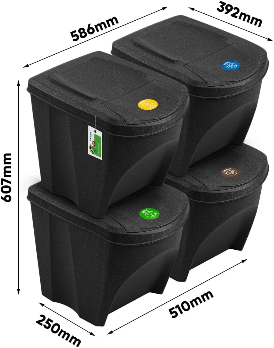 Mülleimer Set Eco Mülltrennsystem 4x25L – Abfalleimer mit farbigen Deckeln, Recycling Behälter für K