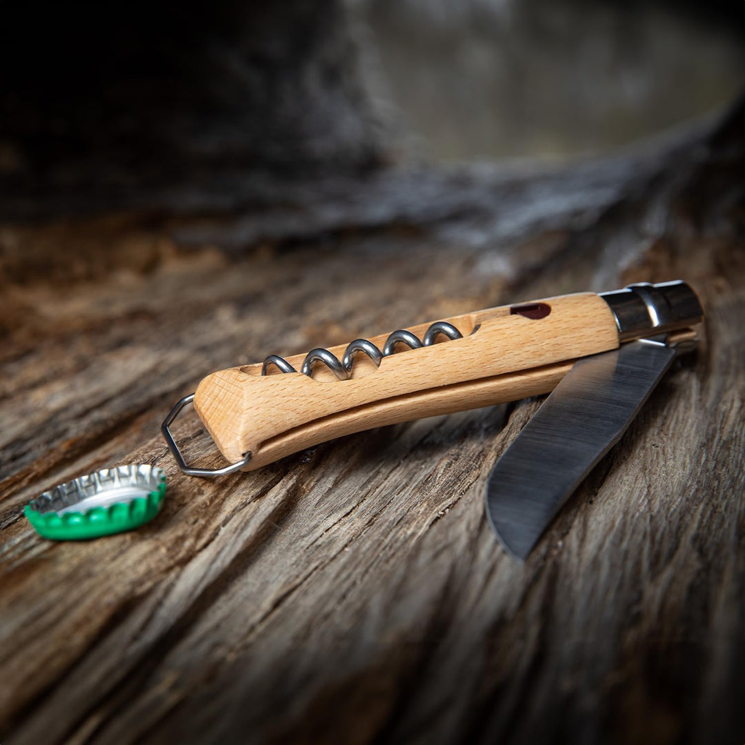 Opinel Taschenmesser No. 10, mit Korkenzieher und Kapselheber, aus rostfreiem Stahl, mit Buchengriff
