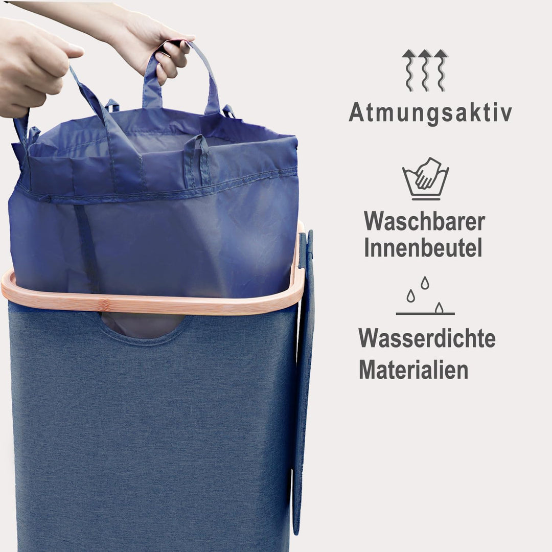 Schmaler Wäschekorb mit Deckel 100L, Bambusdeckel &amp; herausnehmbarer Wäschesack, hoher Wäschesammler