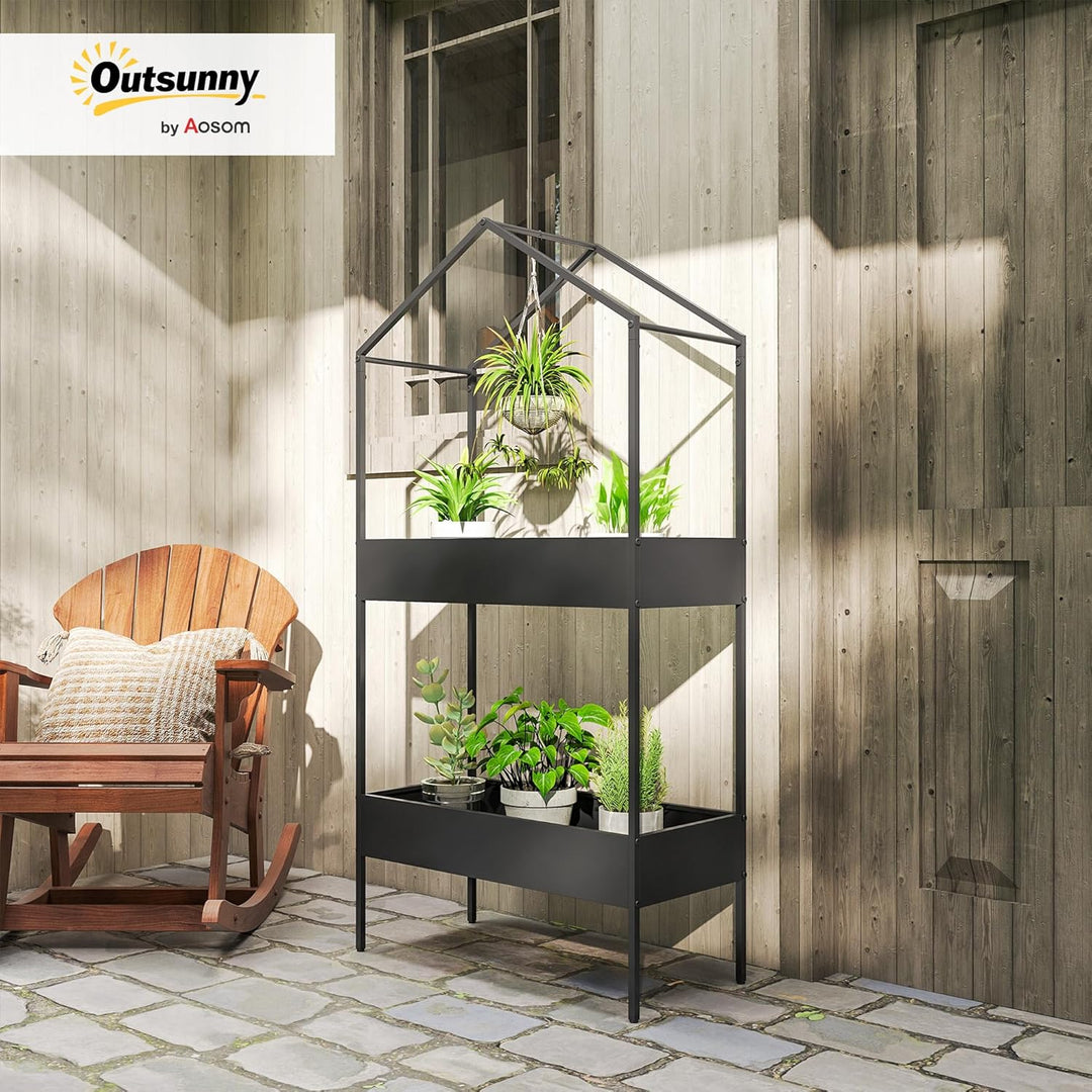 Outsunny 2-Etagen Pflanzenständer in Hausform, 150 cm hoch Blumenständer mit Haken, Metall Pflanzenr