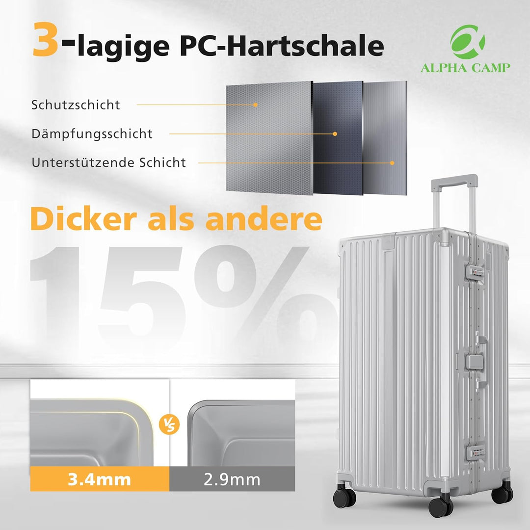 ALPHA CAMP Koffer XXL Hartschale mit TSA Schloss Koffer Gross 105L Silber | Aluminium Rahmen Polycar