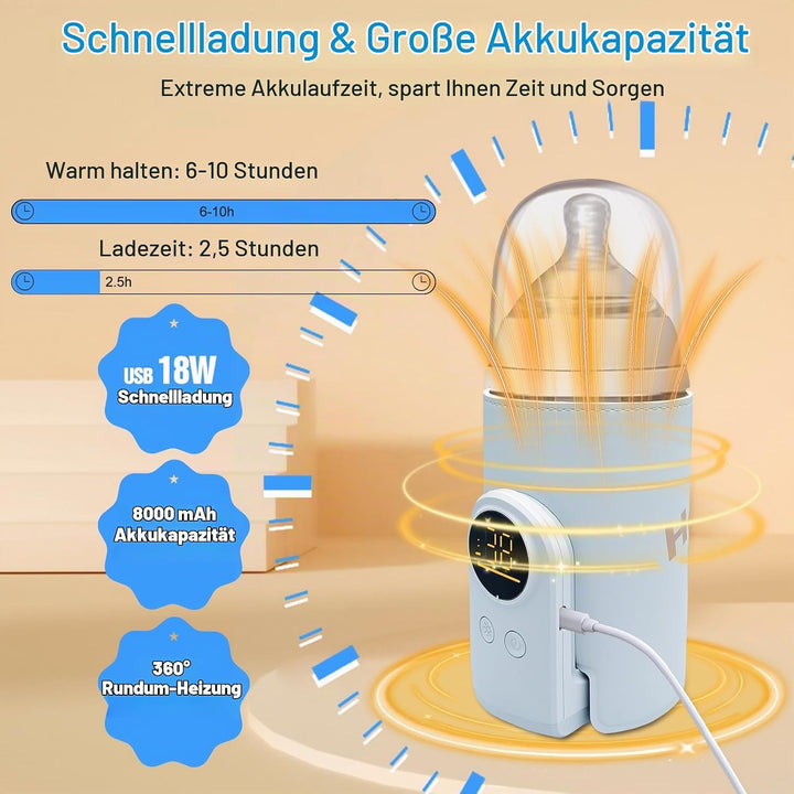 Flaschenwärmer Baby mit 6-Temperaturstufen (38°C-50°C), Tragbarer Flaschenwärmer Akku mit LCD-Displa