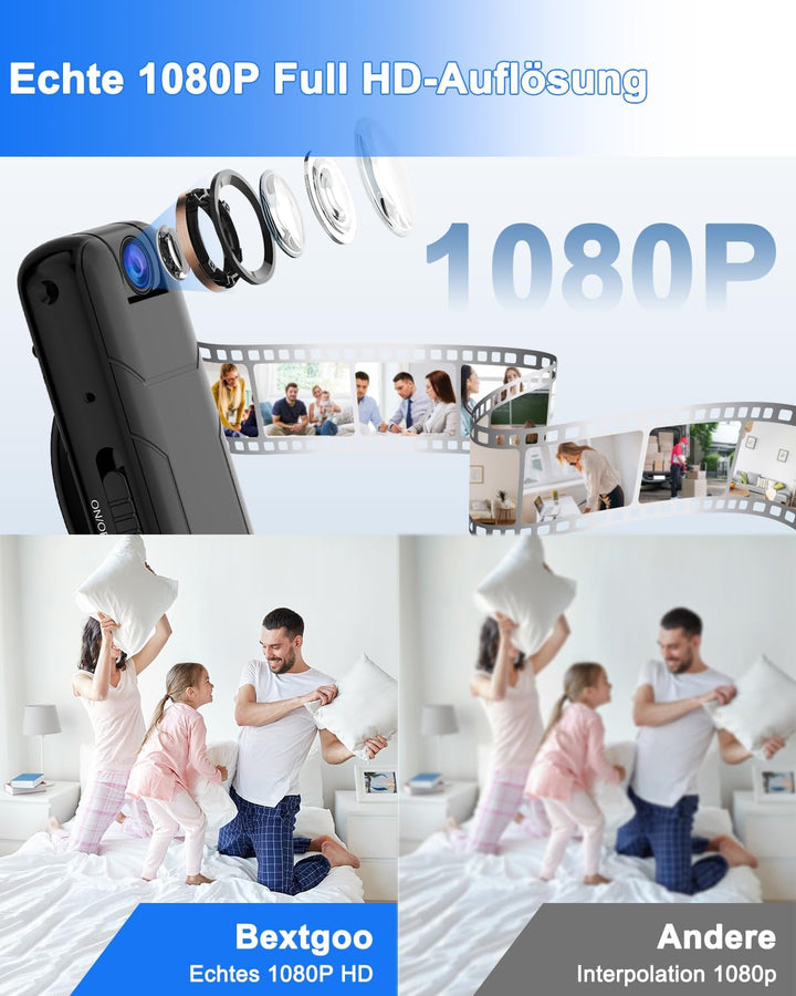 Bextgoo Body Cam, Mini Kamera ohne WLAN, 1080P Kleine Kamera mit 32GB TF Karte,10 Stunden Akkulaufze