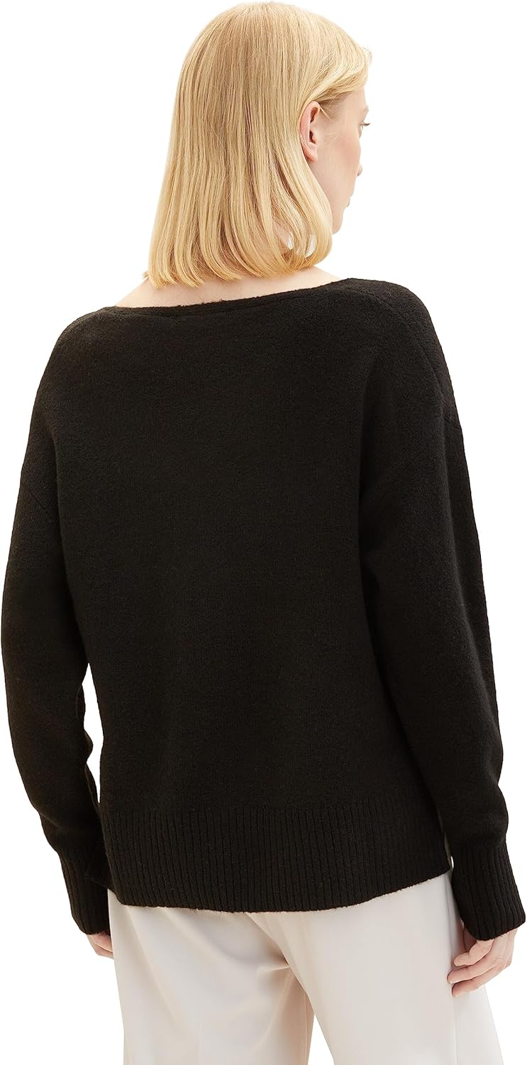 TOM TAILOR Denim Damen Basic Pullover mit V-Ausschnitt L 14482-deep Black, L 14482-deep Black