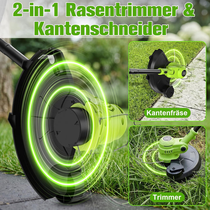 Akku Rasentrimmer 21V, 2-in-1 Rasentrimmer & Kantenschneider, LCD Akkuanzeige, 2×2000mAh Akku, Autom