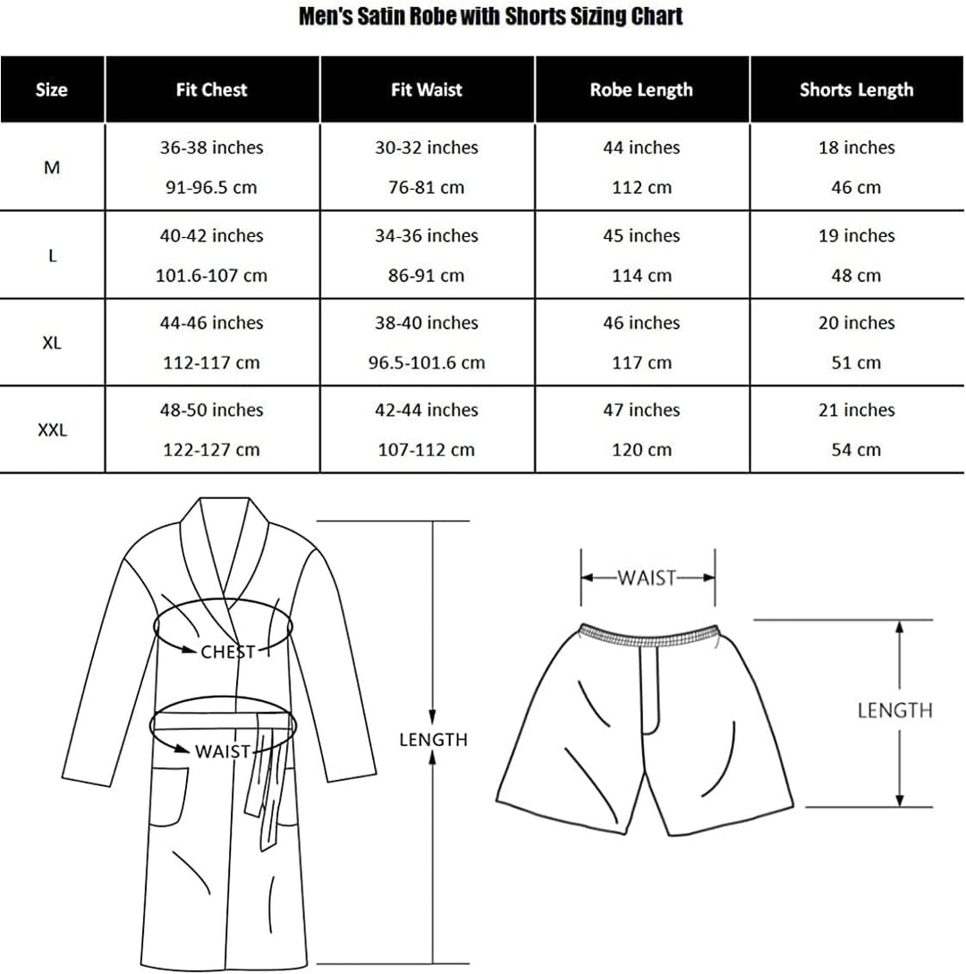 Herren Satin Bademantel, Leichter Seiden Langarm Bademantel mit Shorts Set, Spa Kimono Nachtwäsche M