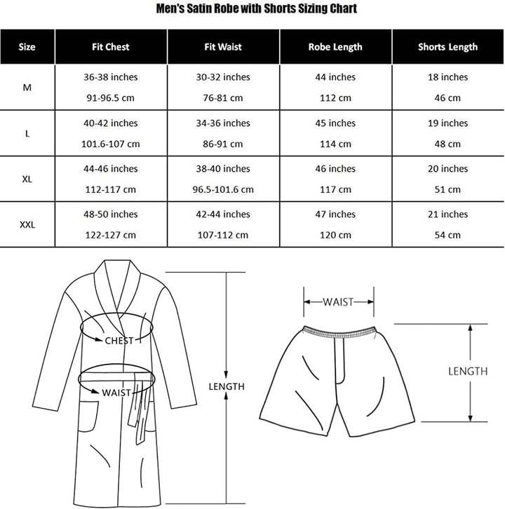 Herren Satin Bademantel, Leichter Seiden Langarm Bademantel mit Shorts Set, Spa Kimono Nachtwäsche M