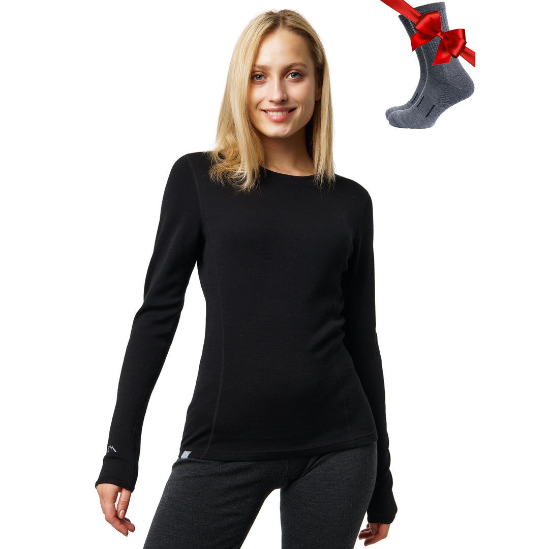 100% Merino Shirt Damen Langarm - Merino Unterwäsche Damen + Wollsocken | Sportunterhemden Langarmsh